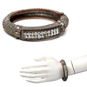 Vintage Copper Metal Indian Bracelet Rhinestone Ornate Heavy Patina Hinge Bangle